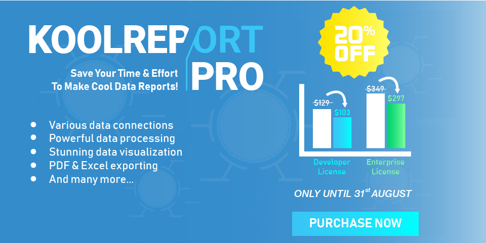 Click here to get KoolReport Pro with 20% OFF, ends soon on 31st August, 2019