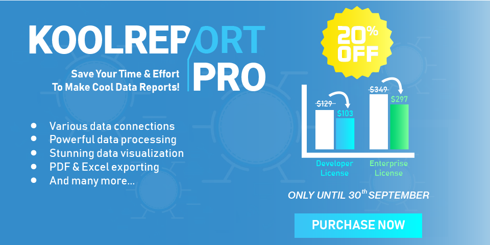Click here to get KoolReport Pro with 20% OFF, end soon on 30th September 2019